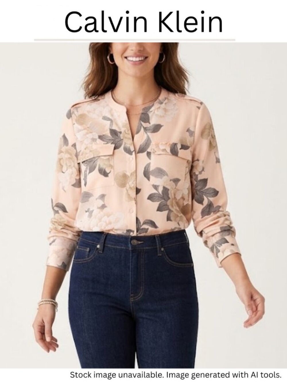 NWOT Calvin Klein Chinois Style Floral Roll Tab Sleeve Tunic Blouse Size L